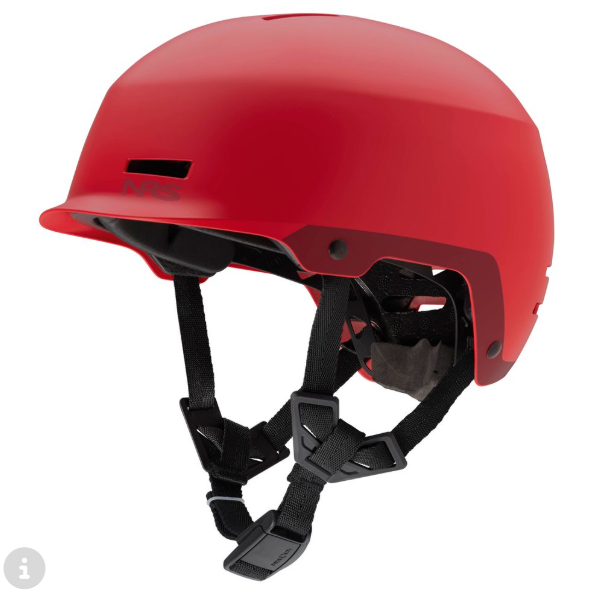 red NRS Neso helmet for whitewater rafting and kayaking